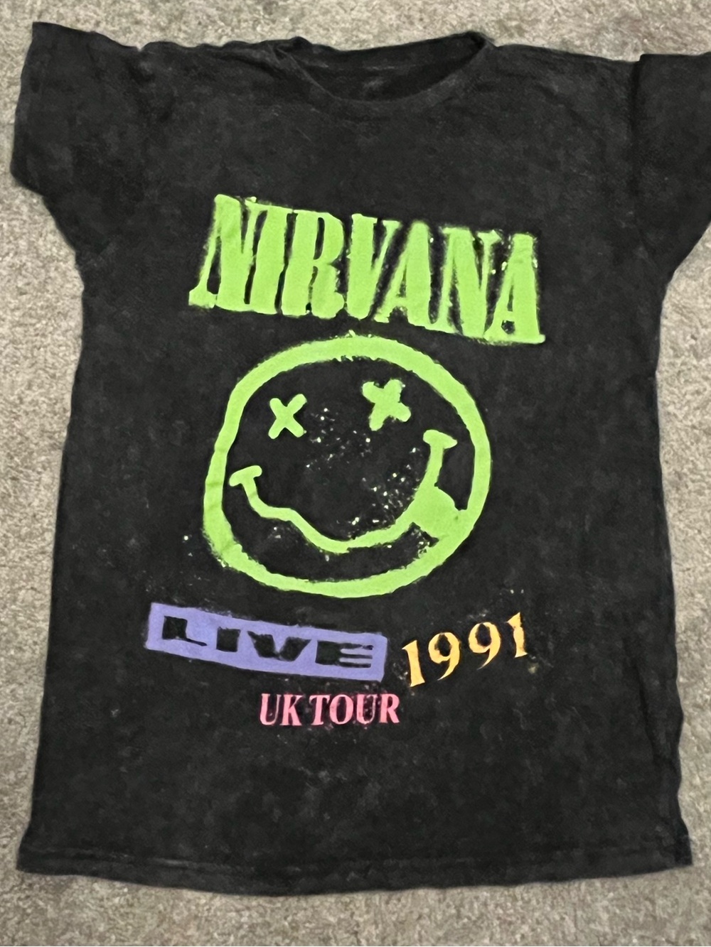 NIRVANA Black Short-Sleeve Tee with Neon Green Logo and Multicolor Tour Print